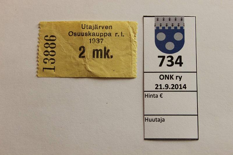 k-0734-a.jpg - Kohde 734, lhthinta: 20 € / myyntihinta: 20 € 2 mk 1937 Utajrven Osuuskauppa r.l. n:o 13886, kunto: 4