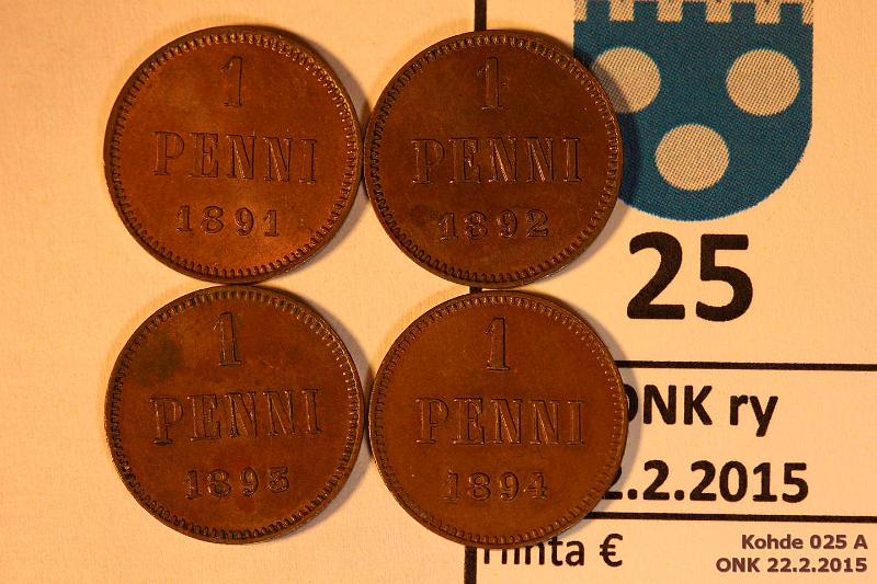 k-0025-a.jpg - Kohde 25, lhthinta: 10 € / myyntihinta: 18 € 1 p 1891-94 (4) 1891, 92, 93, 94, kulumattomia, tummanruskea patina, kunto: 6-8