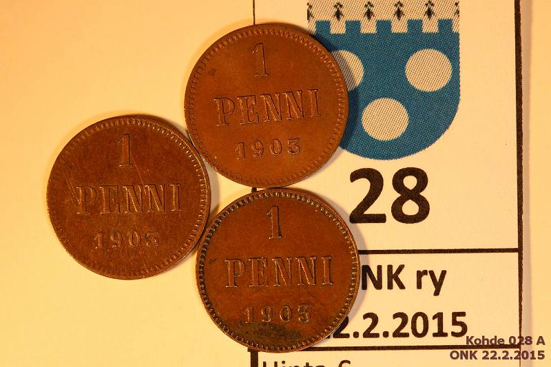 k-0028-a.jpg - Kohde 28, lhthinta: 5 € / myyntihinta: 5 € 1 p 1903 (3) tavallinen (2) ja iso 3 (laikku, kl5), kunto: 5-6