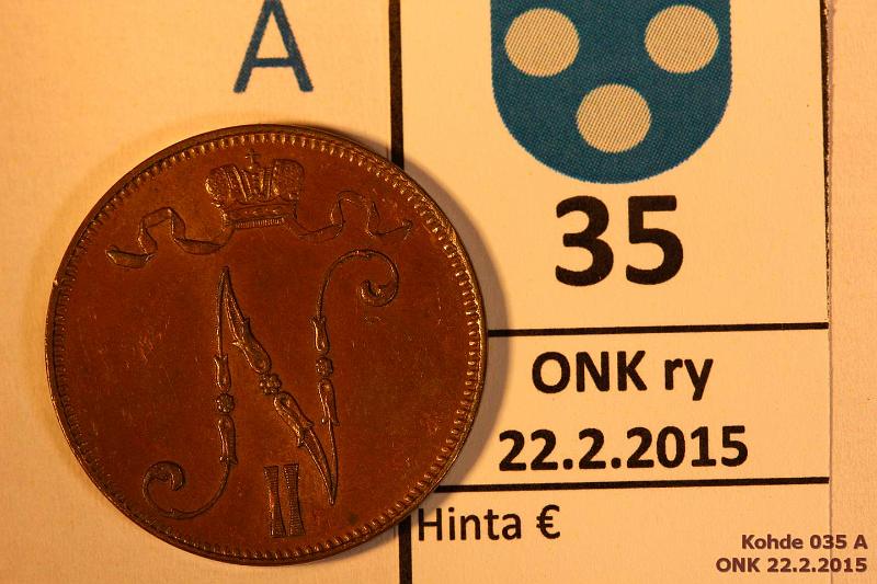 k-0035-a.jpg - Kohde 35 (kuva 1/2), lhthinta: 15 € / myyntihinta: 21 € 5 p 1905 kulumaton, tummanruskea patina. Kaunis!, kunto: 7