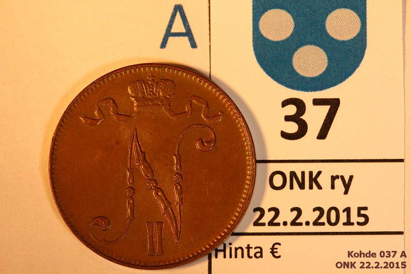 k-0037-a.jpg - Kohde 37 (kuva 1/2), lhthinta: 10 € / myyntihinta: 12 € 5 p 1913 tysin kulumaton raha, tumma patina, pilkahdus leimakiiltoa, kunto: 7