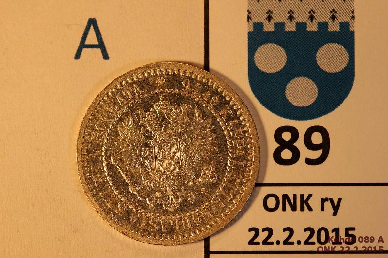 k-0089-a.jpg - Kohde 89 (kuva 1/3), lhthinta: 170 € / myyntihinta: 310 € 1 mk 1865 Ag, SNY  398.2.2 , vaakunap. virheetn, arvop. hnja, phpja. Erittin kaunis!, kunto: 9/8