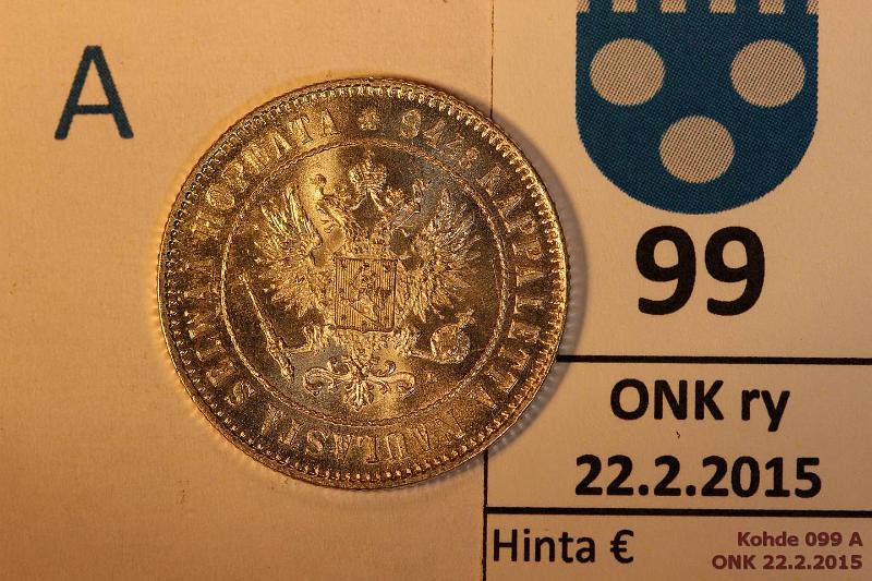 k-0099-a.jpg - Kohde 99 (kuva 1/2), lhthinta: 55 € / myyntihinta: 115 € 1 mk 1907 Ag, loistelias!, kunto: 9