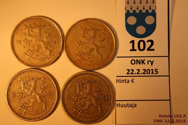 k-0102-a.jpg - Kohde 102, lhthinta: 20 € / myyntihinta: 23 € 1 mk 1921-24 (4) kaikki hevosmarkat, 1921 eprvja, kunto: 4-5