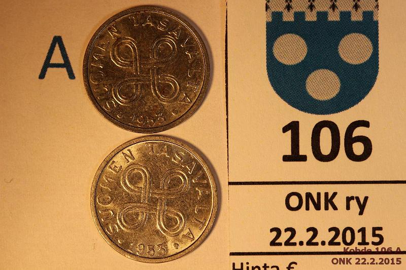 k-0106-a.jpg - Kohde 106 (kuva 1/2), lhthinta: 10 € / myyntihinta: 13 € 1 mk 1953 (2) FeNi SNY 444 + Fe, nikkelity ja tavallinen, rtgf-analyysi: Fe/Ni 77/23% ja Fe 100% (ruostepilkkuja), kunto: 7,6