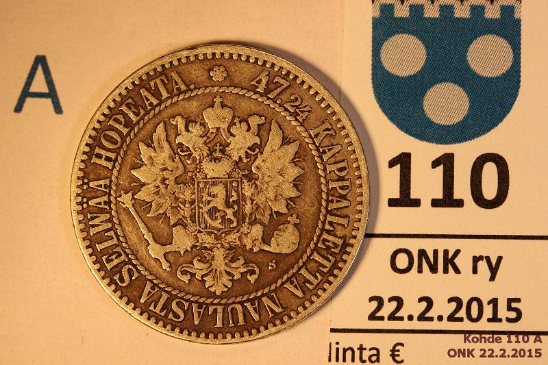 k-0110-a.jpg - Kohde 110 (kuva 1/2), lhthinta: 15 € / myyntihinta: 16 € 2 mk 1865 Ag, SNY 493.2, ei palloja, kunto: 5