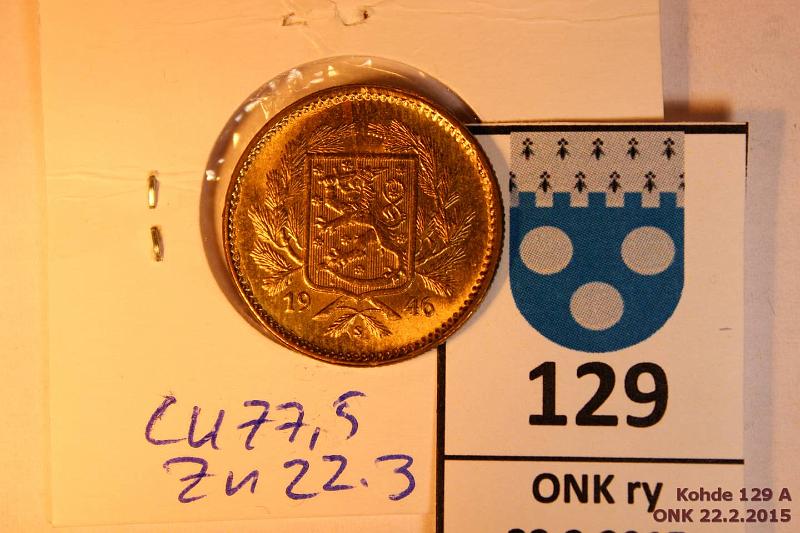 k-0129-a.jpg - Kohde 129, lhthinta: 15 € / myyntihinta: 15 € 5 mk 1946 Mess, SNY 517.2, rtgf-analyysi: Cu 77,5%, Zn 22,5%, vaikeampi seos, leimakiilto, kunto: 8