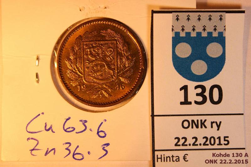 k-0130-a.jpg - Kohde 130, lhthinta: 5 € / myyntihinta: 5 € 5 mk 1946 Mess, SNY 517.2, rtgf-analyysi: Cu 65%, Zn 35%, leimakiilto, kunto: 8