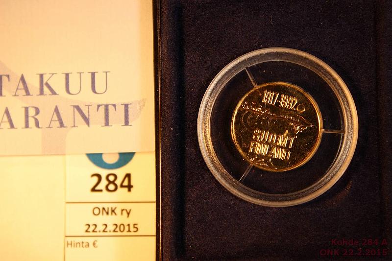 k-0284-a.jpg - Kohde 284, lhthinta: 200 € / myyntihinta: 247 € 1000 mk 1992 Au, 9g/900, Proof, Suomi 75 v, kotelo, tod., kunto: 10