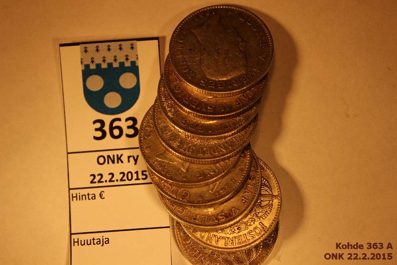 k-0363-a.jpg - Kohde 363, lhthinta: 10 € / myyntihinta: 17 € 1 kr (9) 1931-39 KM#786.2 Ag, 9 x 7,5g/800 (Ag 54g), 1931(2), 34, 36(3), 37, 38, 39, kunto: 4-5