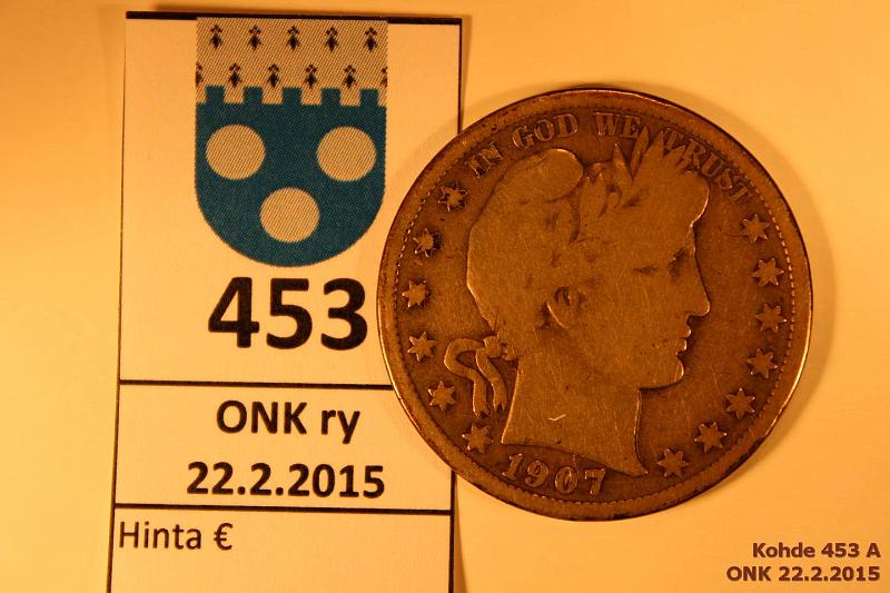 k-0453-a.jpg - Kohde 453, lhthinta: 30 €  $ 1907 KM#116 Ag, 12,5g/900 Barber Half Dollar, kunto: 4/3