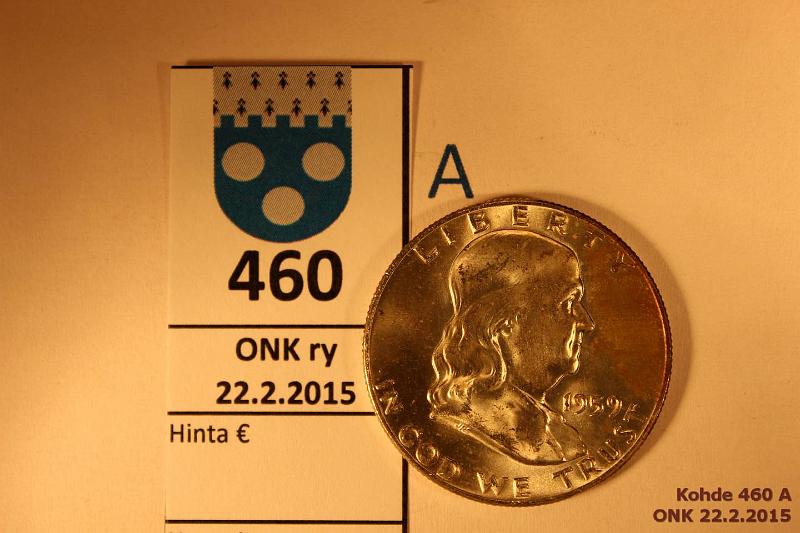 k-0460-a.jpg - Kohde 460 (kuva 1/2), lhthinta: 65 €  $ 1959 KM#199 Ag, 12,5g/900 Franklin Half Dollar, loistelias!, kunto: 9