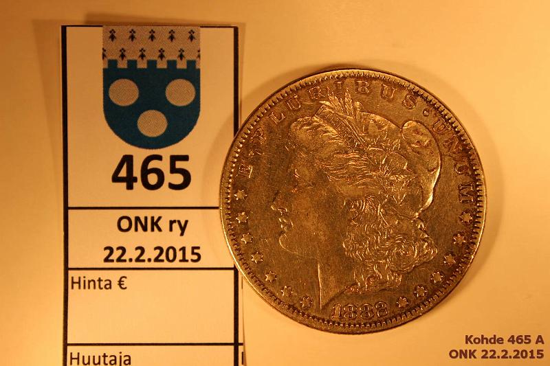 k-0465-a.jpg - Kohde 465, lhthinta: 15 € / myyntihinta: 18 € 1 $ 1882 KM#110 Ag, 26,73g/900 Morgan Dollar, kunto: 5