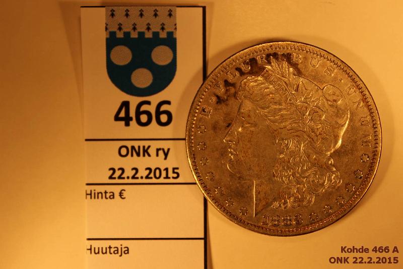 k-0466-a.jpg - Kohde 466, lhthinta: 25 € 1 $ 1883 KM#110 Ag, 26,73g/900 Morgan Dollar, lpuhd, kunto: 6