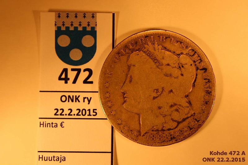 k-0472-a.jpg - Kohde 472, lhthinta: 15 € / myyntihinta: 15 € 1 $ 1888O KM#110 Ag, 26,73g/900 Morgan Dollar, kunto: 3