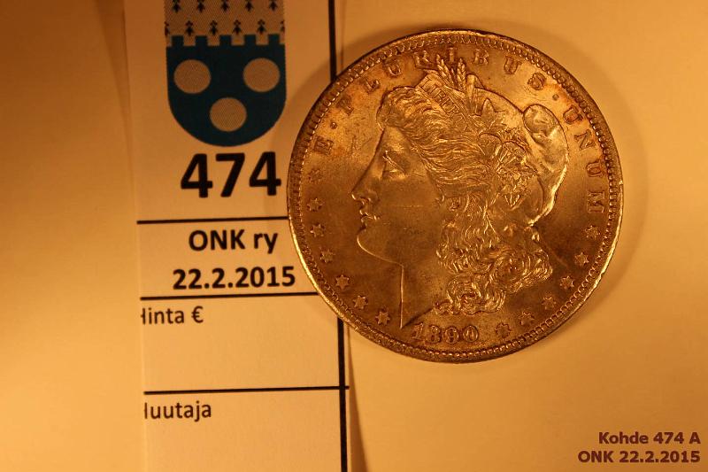 k-0474-a.jpg - Kohde 474, lhthinta: 35 € / myyntihinta: 42 € 1 $ 1890 KM#110 Ag, 26,73g/900 Morgan Dollar, hnja, erittin kaunis!, kunto: 8