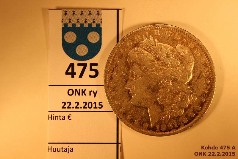 k-0475-a.jpg - Kohde 475, lhthinta: 15 € / myyntihinta: 18 € 1 $ 1891O KM#110 Ag, 26,73g/900 Morgan Dollar, hnja, kunto: 6