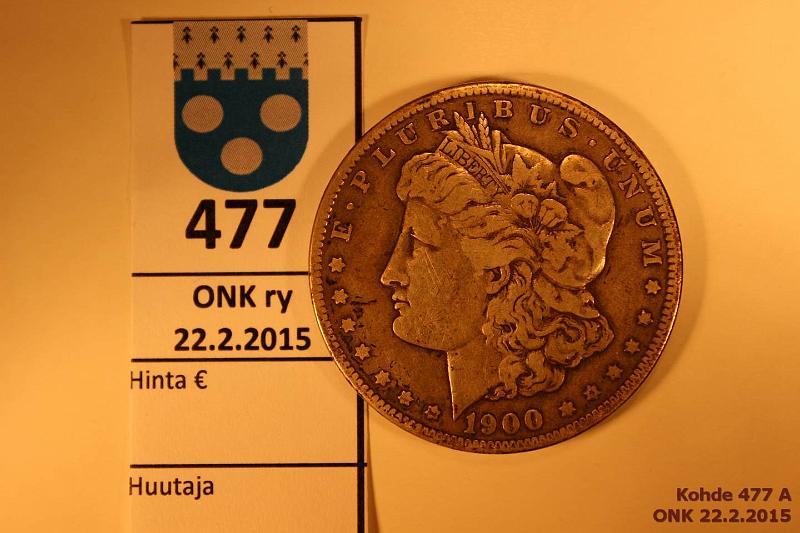 k-0477-a.jpg - Kohde 477, lhthinta: 15 € / myyntihinta: 18 € 1 $ 1900O KM#110 Ag, 26,73g/900 Morgan Dollar, kunto: 4