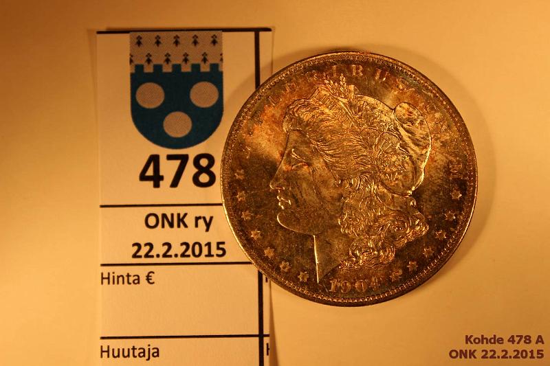 k-0478-a.jpg - Kohde 478, lhthinta: 150 € 1 $ 1904 KM#110 Ag, 26,73g/900 Morgan Dollar, hnja, loistelias!, kunto: 9