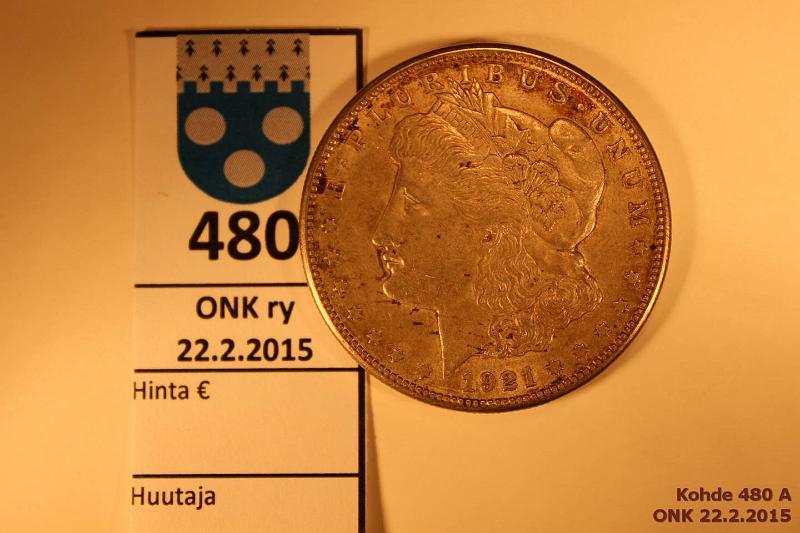 k-0480-a.jpg - Kohde 480, lhthinta: 15 € / myyntihinta: 15 € 1 $ 1921D KM#110 Ag, 26,73g/900 Morgan Dollar, kunto: 5