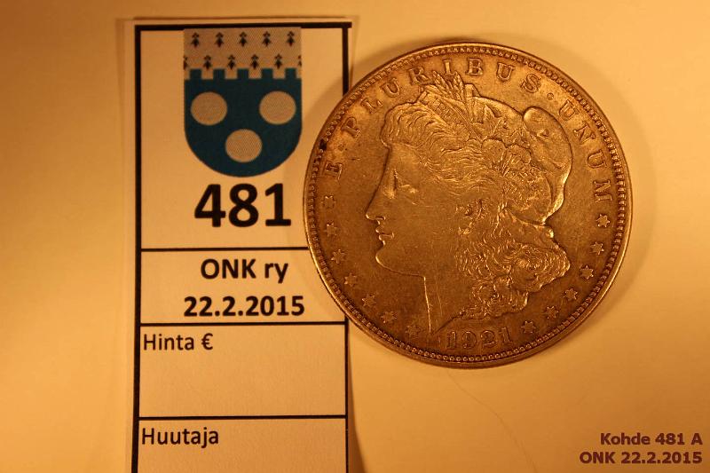 k-0481-a.jpg - Kohde 481, lhthinta: 15 € / myyntihinta: 15 € 1 $ 1921S KM#110 Ag, 26,73g/900 Morgan Dollar, kunto: 5