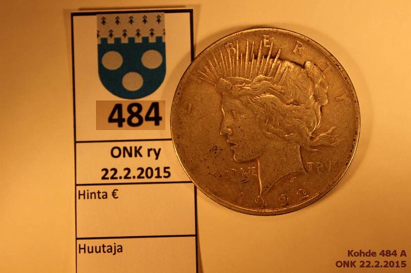 k-0484-a.jpg - Kohde 484, lhthinta: 12 € / myyntihinta: 12 € 1 $ 1922S KM#150 Ag, 26,73g/900 Peace Dollar, kunto: 5