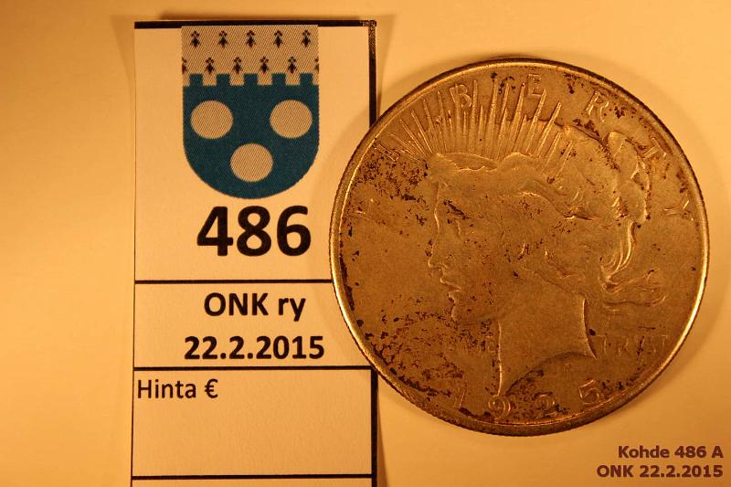 k-0486-a.jpg - Kohde 486, lhthinta: 12 € / myyntihinta: 12 € 1 $ 1925 KM#150 Ag, 26,73g/900 Peace Dollar, kunto: 4