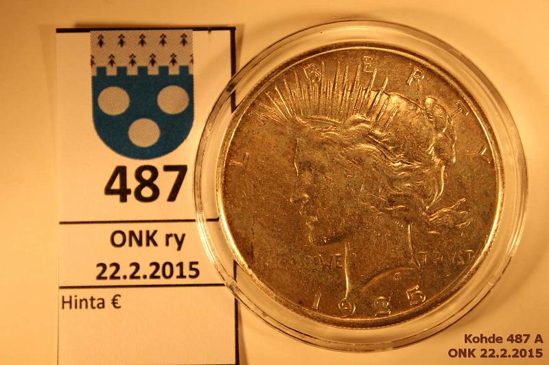 k-0487-a.jpg - Kohde 487, lhthinta: 15 € / myyntihinta: 17 € 1 $ 1925D KM#150 Ag, 26,73g/900 Peace Dollar, kunto: 5