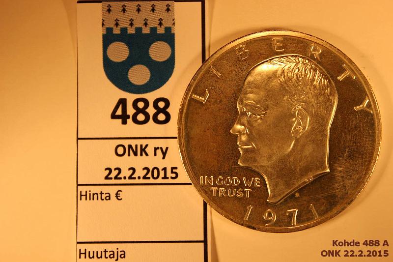 k-0488-a.jpg - Kohde 488, lhthinta: 10 € / myyntihinta: 13 € 1 $ 1971S KM#203a Ag, 24,59g/900 Eisenhower, kunto: 9