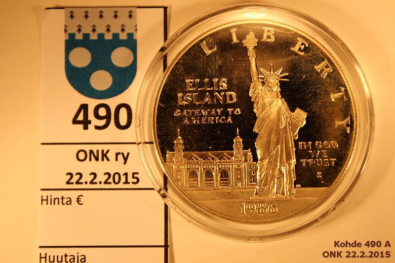 k-0490-a.jpg - Kohde 490, lhthinta: 10 € / myyntihinta: 11 € 1 $ 1986S KM#214 Ag, 26,73g/900, Proof, Ellis Island, kunto: 10