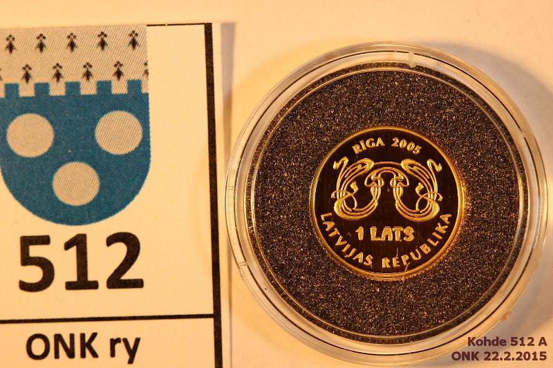 k-0512-a.jpg - Kohde 512, lhthinta: 35 € / myyntihinta: 52 € Latvia 1 lats 2005 KM#81 Au, 1,244g/999, Proof. Art Noveau in Riga. Kapseli, tod., kunto: 10