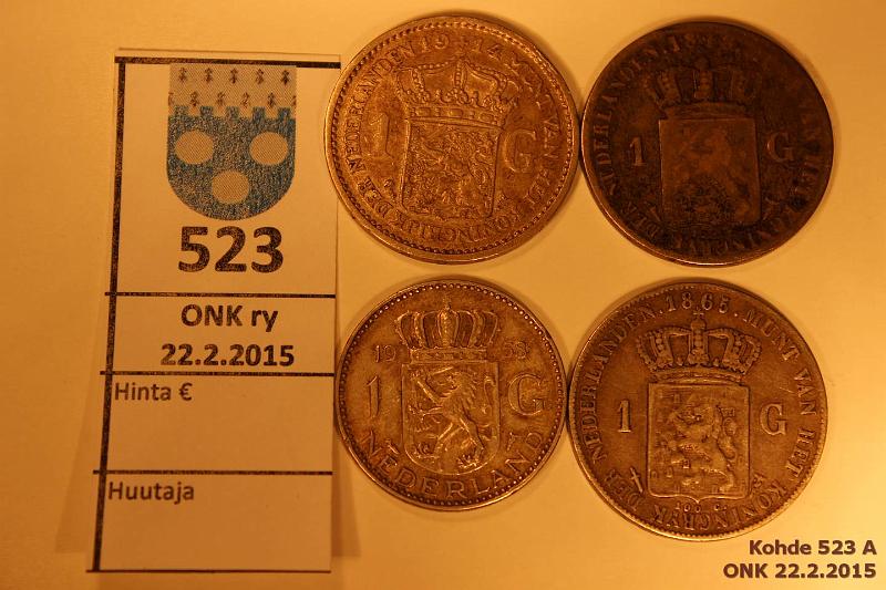 k-0523-a.jpg - Kohde 523, lhthinta: 15 € / myyntihinta: 21 € Hollanti (4) 1 gulden 1848, 65,1914, 58 KM#66-184 Ag, 1865 ja 1914 eprvja, kunto: 3-6