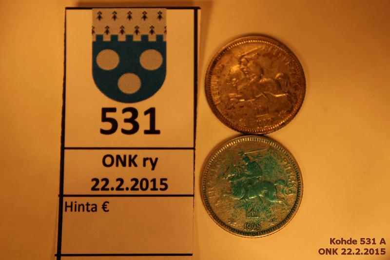 k-0531-a.jpg - Kohde 531, lhthinta: 5 € / myyntihinta: 5 € Liettua 1 litas (2) 1925 KM#76 Ag 2 x 2,7g/500, kunto: 4