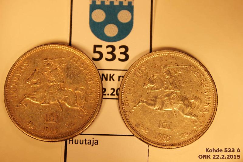 k-0533-a.jpg - Kohde 533, lhthinta: 20 € / myyntihinta: 20 € Liettua 5 litai (2) 1925 KM#78 Ag 2 x 13,5g/500, kunto: 5,6