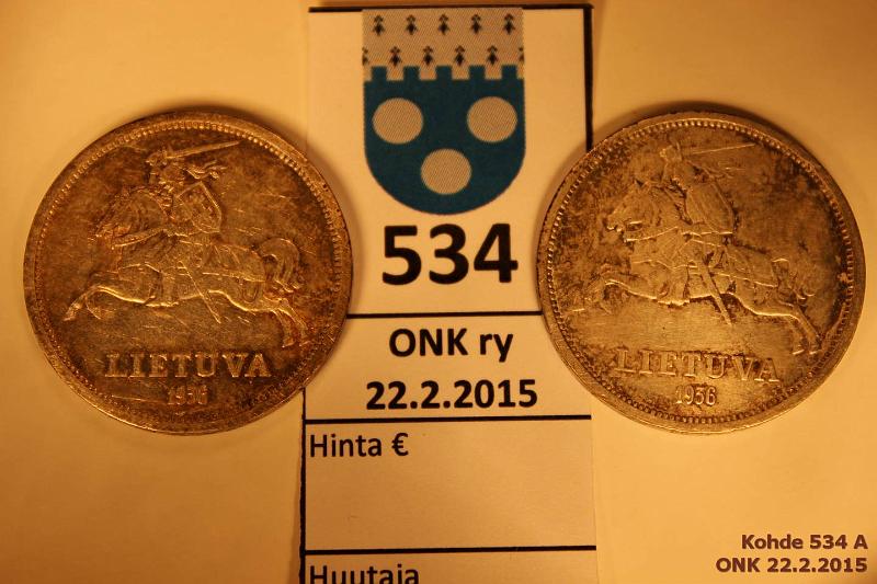 k-0534-a.jpg - Kohde 534, lhthinta: 10 € / myyntihinta: 14 € Liettua 5 litai (2) 1936 KM#82 Ag 2 x 9g/750, reuna: Tautos Gerove Tavo, kunto: 4,5