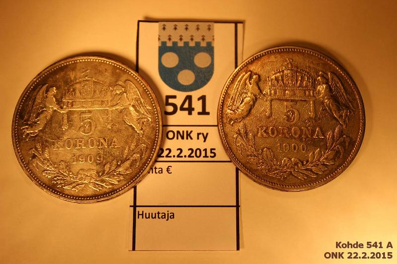 k-0541-a.jpg - Kohde 541, lhthinta: 15 € / myyntihinta: 19 € Unkari 5 korona (2) 1900KB, 09KB KM#488 Ag, 2 x 24g/900 Frans Joseph I, kunto: 4-5