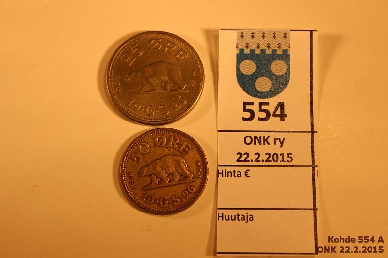 k-0554-a.jpg - Kohde 554, lhthinta: 12 € / myyntihinta: 21 € Grnlanti 25+50 re 1926 KM#5, 7 CuNi, AlBr, 25 ei reik, kunto: 6,4