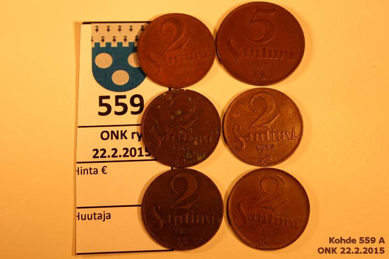 k-0559-a.jpg - Kohde 559, lhthinta: 10 € / myyntihinta: 10 € Latvia 2-5 santimi (6) 1922-32 KM#2, 3 Br, 2s 1922(2), 26, 28, 32; 5s 1922, kunto: 5-6