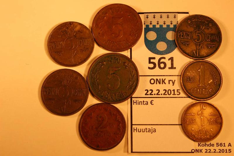 k-0561-a.jpg - Kohde 561, lhthinta: 25 € / myyntihinta: 25 € Liettua 1-5 cent. (8) 1925-36 KM#71-81 AlBr, r, 1c 1925, 36; 2c -36; 5c -25(3), 36(2), kunto: 4-5