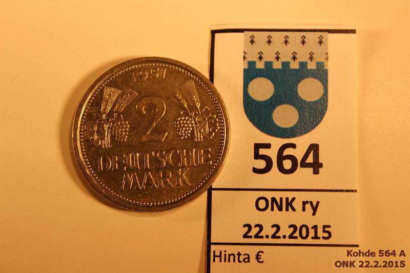 k-0564-a.jpg - Kohde 564, lhthinta: 14 € / myyntihinta: 14 € Saksa BDR 2DM 1951J KM#111 CuNi, kunto: 5/6