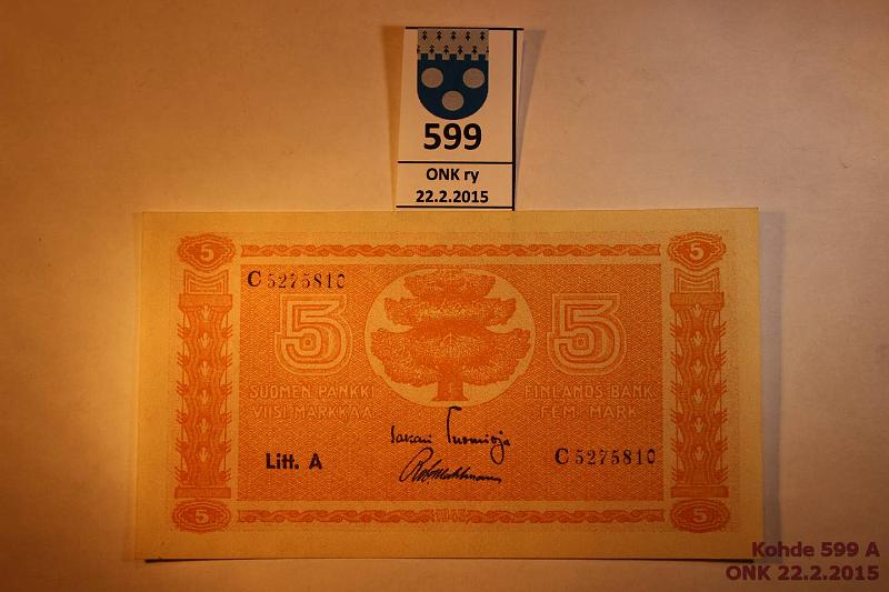 k-0599-a.jpg - Kohde 599, lhthinta: 5 € / myyntihinta: 11 € 5 mk 1945 LA SNY 134.1 C5275810 TUO-Wah, kunto: 7