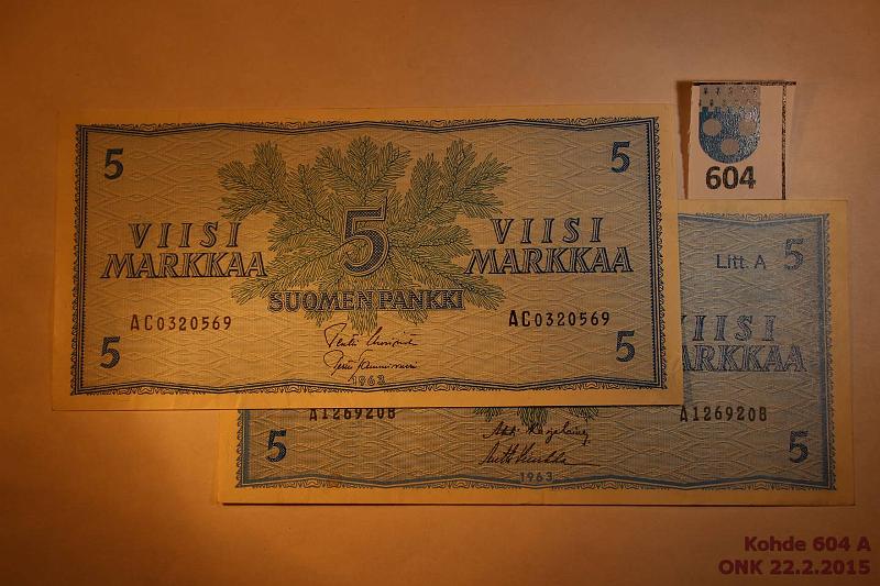 k-0604-a.jpg - Kohde 604, lhthinta: 7 € / myyntihinta: 7 € 5 mk 1963 ei Litt, LA SNY 135.1, 135.3, ilman Litt. AC0320569 UUS-Tam, LA A1269208 KA I-Luu, kulmissa rasvatahroja, kunto: 6,4