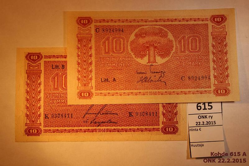 k-0615-a.jpg - Kohde 615, lhthinta: 10 € / myyntihinta: 13 € 10 mk 1945 LA, LB SNY 145.1, 145.2 C8924994 TUO-Als, K9308411 RAI-Car, kunto: 8,7