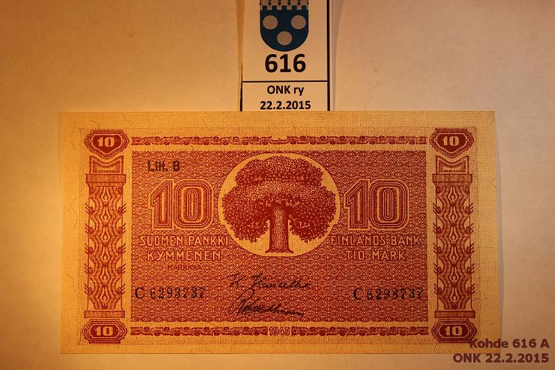 k-0616-a.jpg - Kohde 616, lhthinta: 12 € / myyntihinta: 12 € 10 mk 1945 LB SNY 145.2 C6293737 KIV-Wah, ei taitteita, pintaeloa, tummanpun., harv. ak-pari (v), kunto: 8