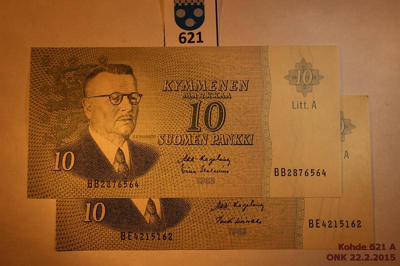 k-0621-a.jpg - Kohde 621, lhthinta: 7 € / myyntihinta: 7 € 10 mk 1963 LA (2) SNY 145.2 BB287.. KA I-Hes, BE421.. KA I-Ko1, vl I, kunto: 9,6