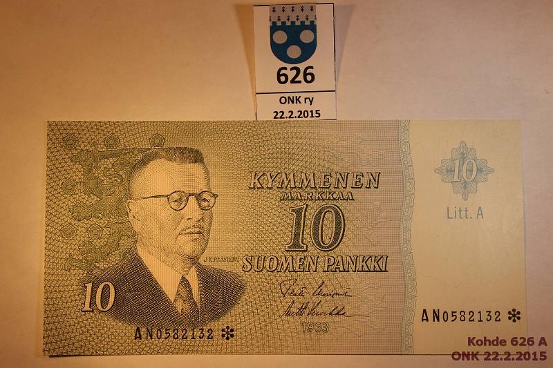 k-0626-a.jpg - Kohde 626, lhthinta: 12 € / myyntihinta: 12 € 10 mk 1963 LA AN* SNY 146.7 AN0582132* UUS-Luu, vl I, korvaava, kunto: 7