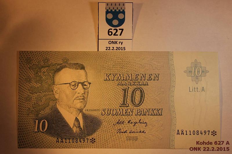 k-0627-a.jpg - Kohde 627, lhthinta: 10 € / myyntihinta: 10 € 10 mk 1963 LA A* SNY 146.7 A1108497* KA I-Ko1, vl I, korvaava, kunto: 8