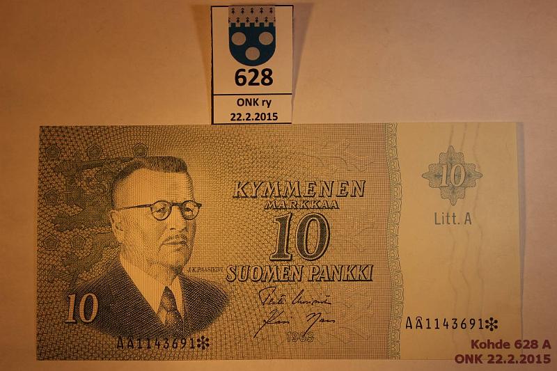 k-0628-a.jpg - Kohde 628, lhthinta: 10 € / myyntihinta: 10 € 10 mk 1963 LA A* SNY 146.7 A1143691* UUS-Nar, vl I, korvaava, kunto: 8