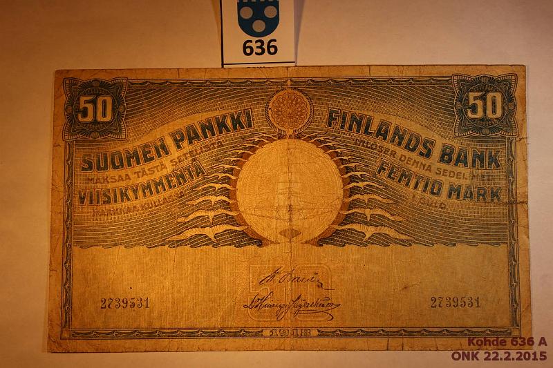 k-0636-a.jpg - Kohde 636, lhthinta: 50 € / myyntihinta: 87 € 50 mk 1918 SNY 166.1 2739531 BAS-His rep, keskireik, pehme paperi, kunto: 2