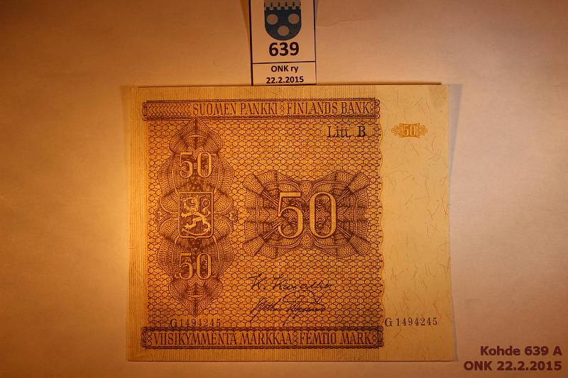 k-0639-a.jpg - Kohde 639, lhthinta: 5 € / myyntihinta: 6 € 50 mk 1945 LB SNY 169.4 G1494245 KIV-AAs, laatta IV, 2 nurkassa rasvatahra, 2mm rep., kunto: 4